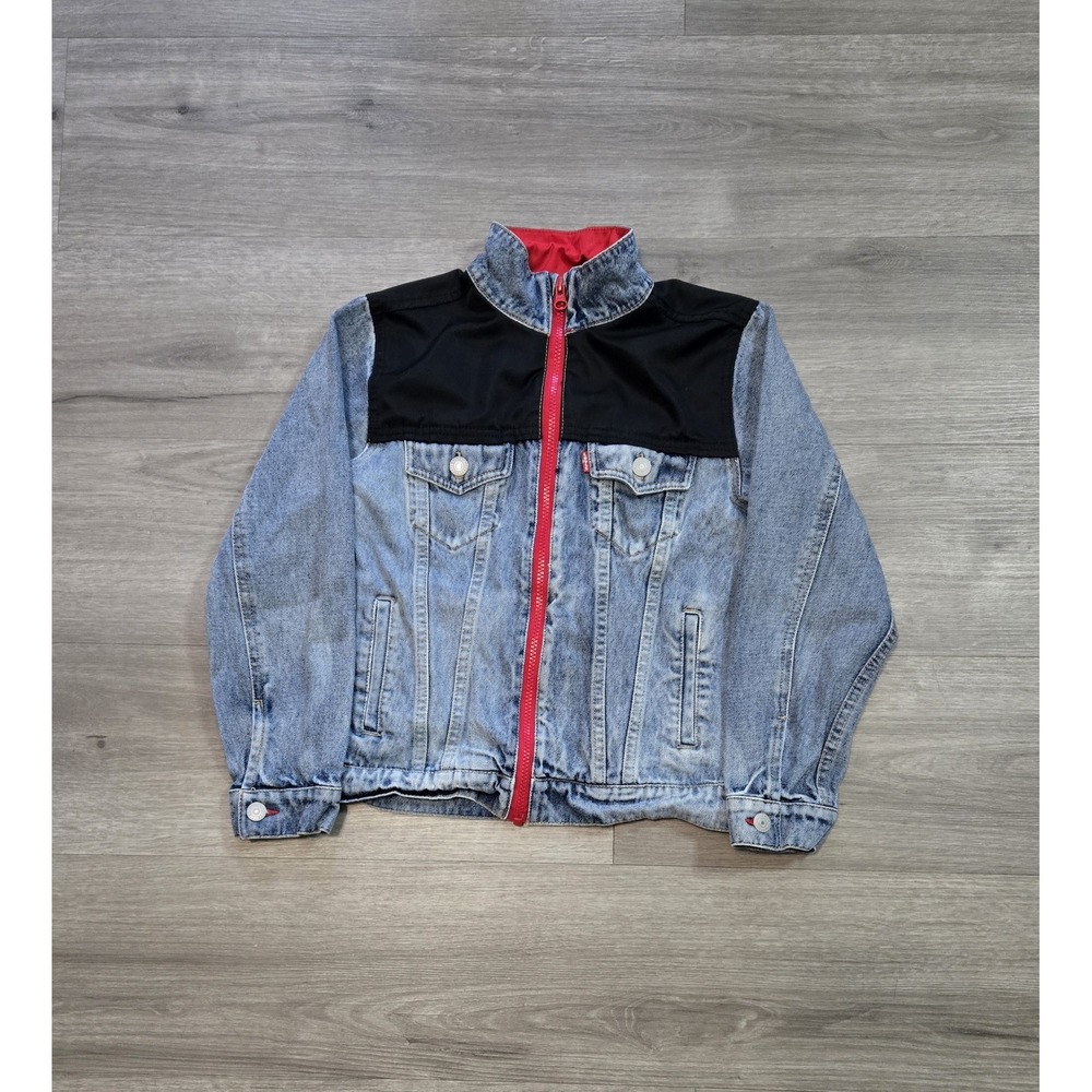 Levi's Jacket Boys Small Blue Black Denim Trucker Red Zip Contrast Stand Collar